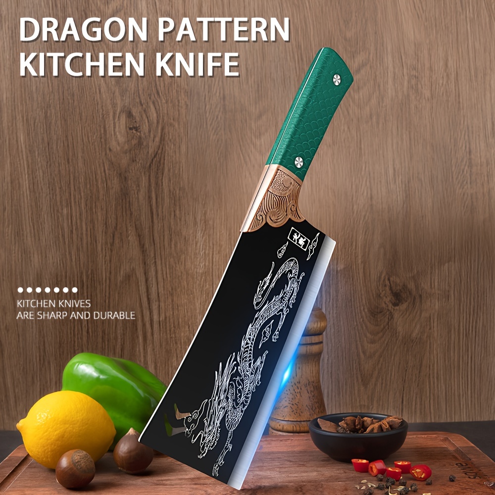 

1pc Oriental Knife, Green Handle Dragon Knife, Kitchen Knife, Steel Rust-proof Kitchen, Chef Slicing Knife, Kitchen Knife, Suitable For