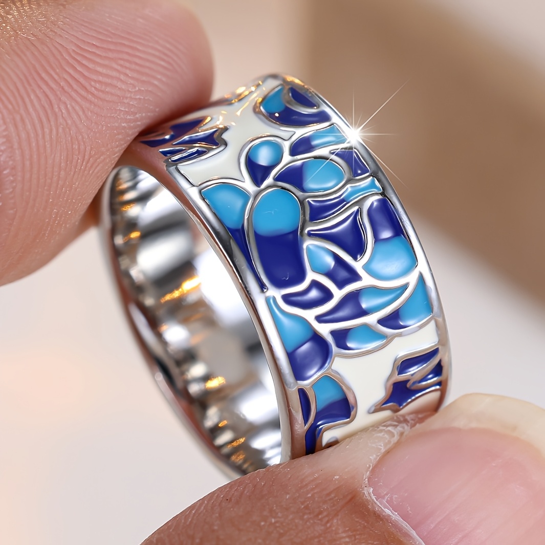 Women's Blue Floral Pattern Ring, Elegant Gift for Her