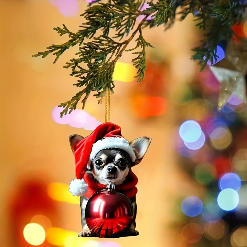 

Decorative, Chihuahua With Christmas Hat & Ball Ornament - 2d Acrylic Hanging Decor For Mirror, Home, Kitchen, Handbags & Keychains - Party Accessory