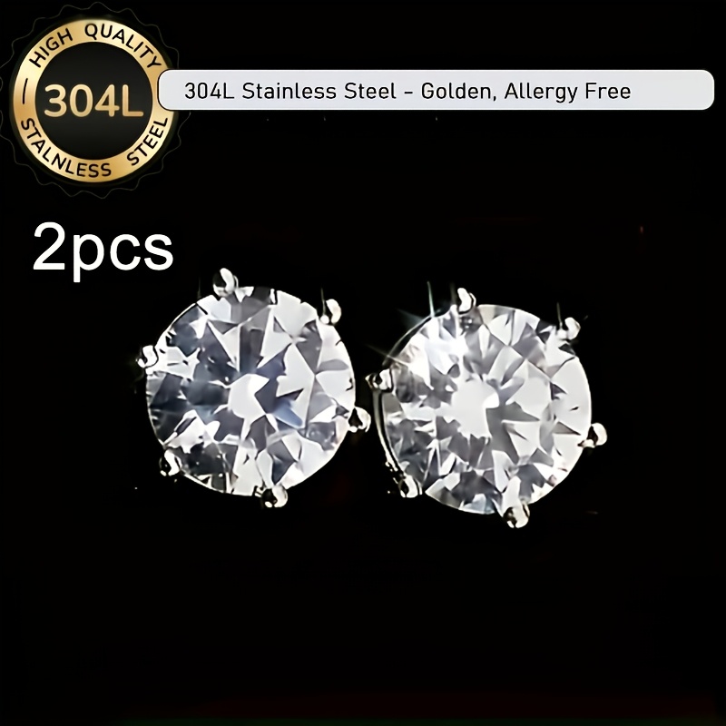 TEMU 2pcs/pair Non-fading Hypoallergenic Silvery 304l Stainless Steel Earrings For Women, Luxurious Claw Shiny Cubic Synthetic Cubic Zirconiaia