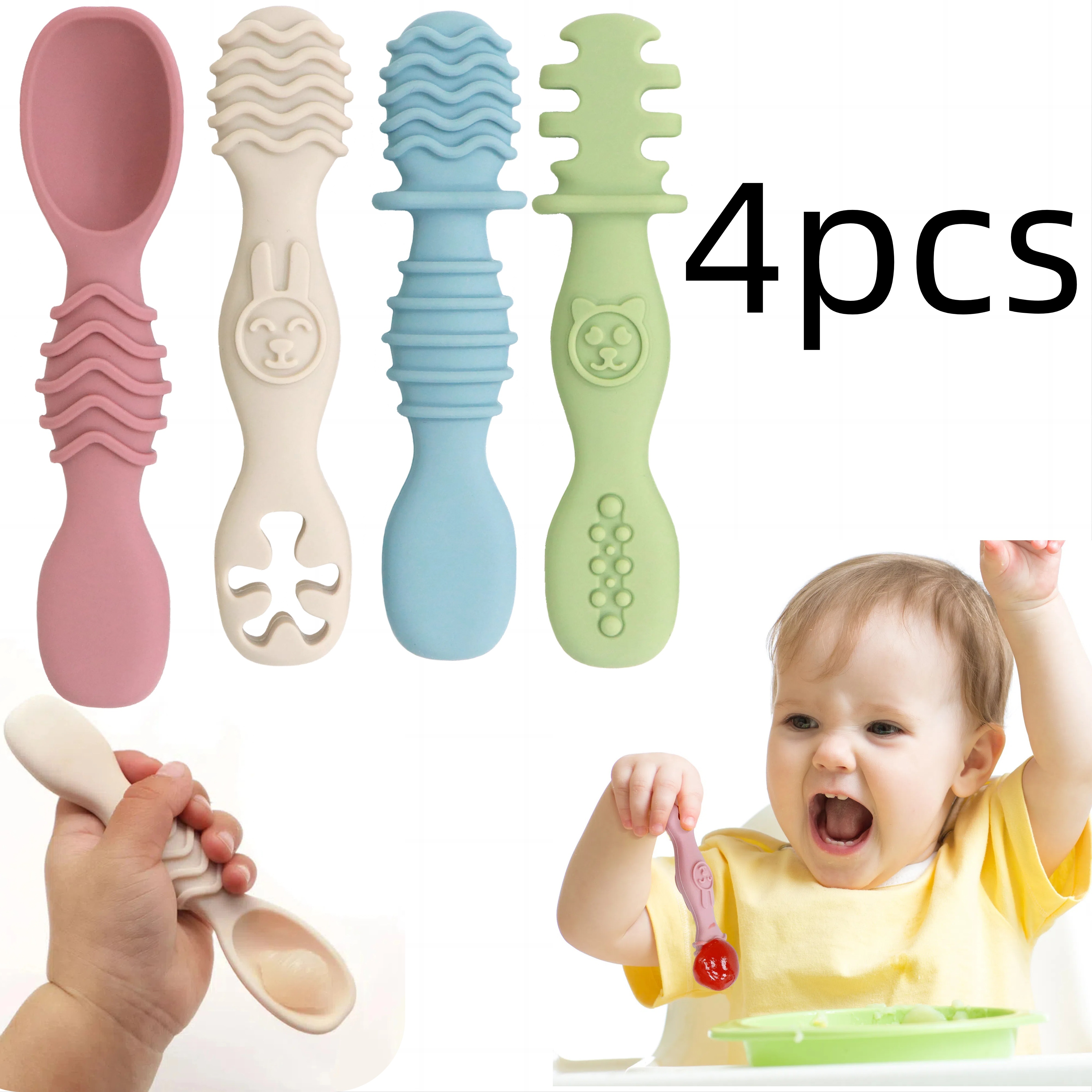 

4pcs & Feeding Set - Soft Silicone Training Spoons With Dip-, Chewable For Self-feeding - Blue/green//pink