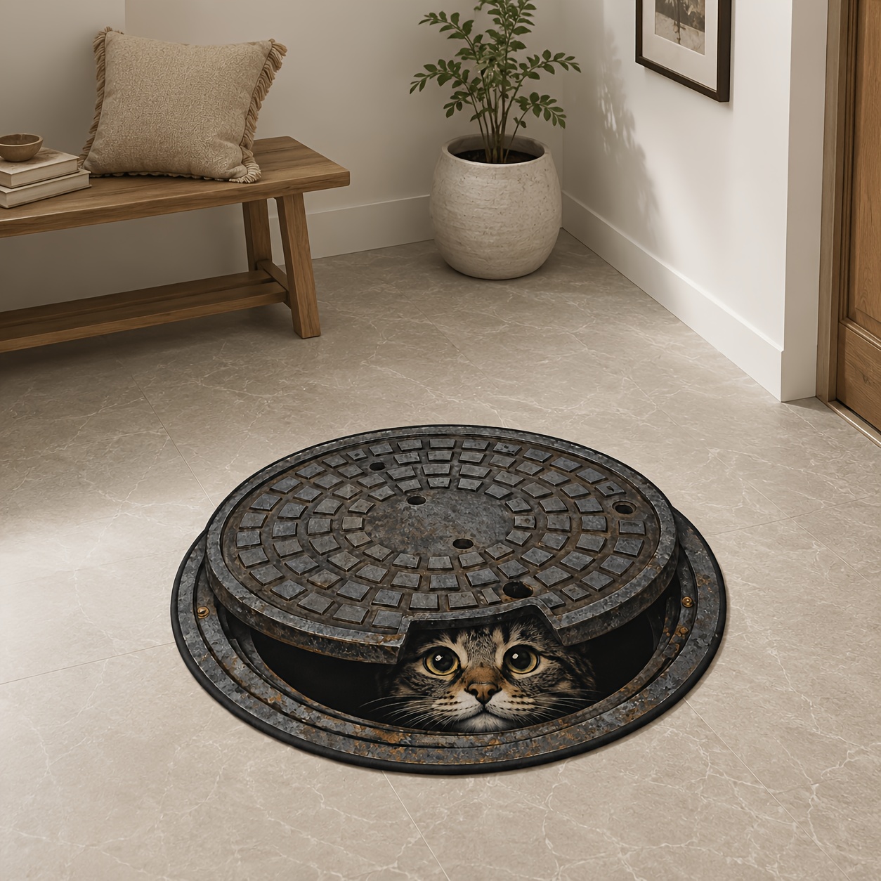 TEMU 1pc, 2d Flat Printing, 3d Visual Cover Cat Doormat For Entryway, Holiday Dining And Home Decor, Indoor/outdoor Party Decoration, 2d Flat