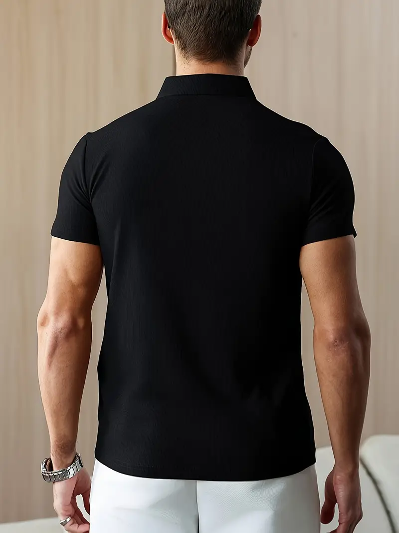 mens summer shirt solid color casual short sleeve with button collar lightweight polyester for sports outdoor leisure activities casual summer wear knitted weave details 4