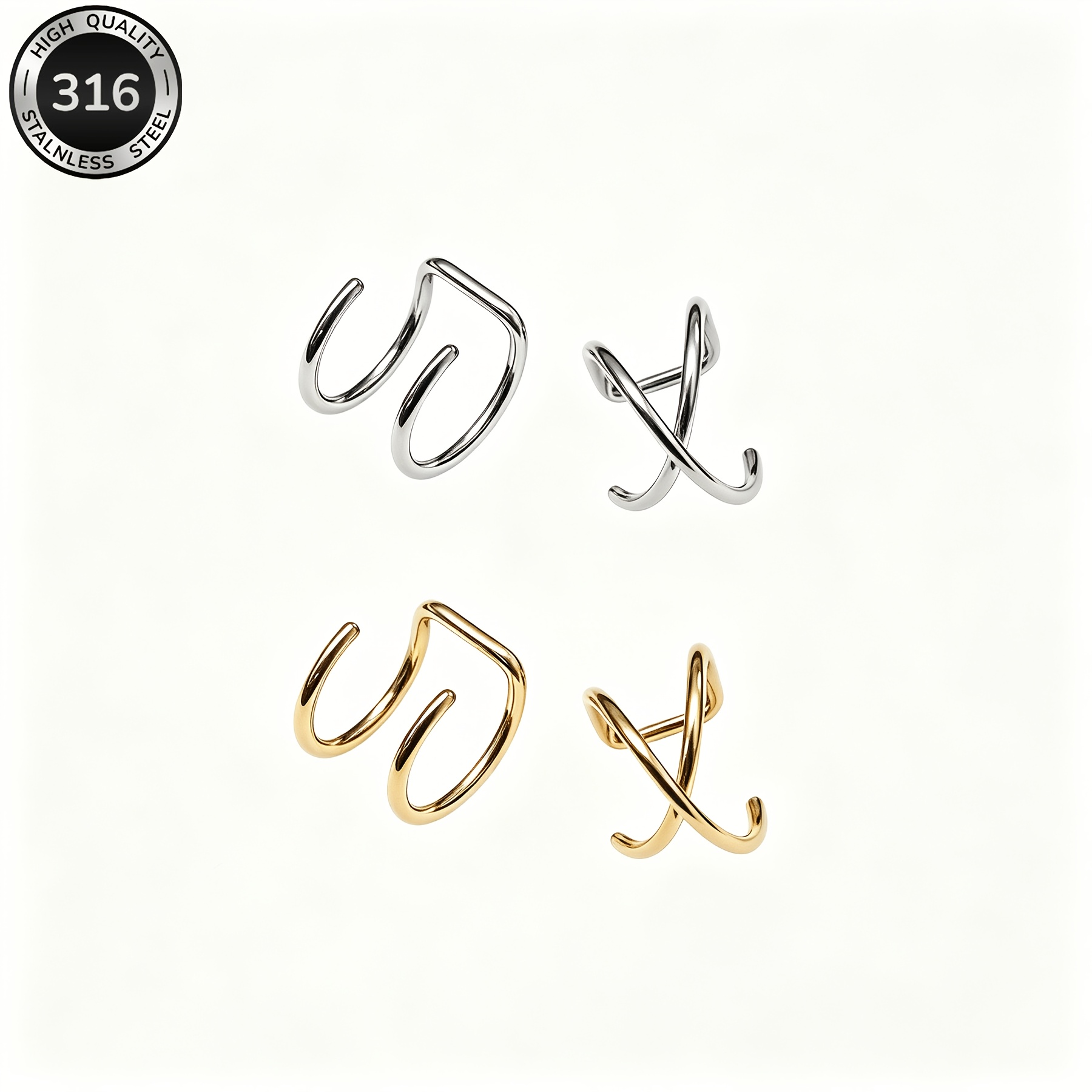 TEMU 4pcs Set Of Simple Double-line Women's Clip-on Earrings, Made Of 316l Stainless Steel, Waterproof And Hypoallergenic. A Simple, Elegant Fashion