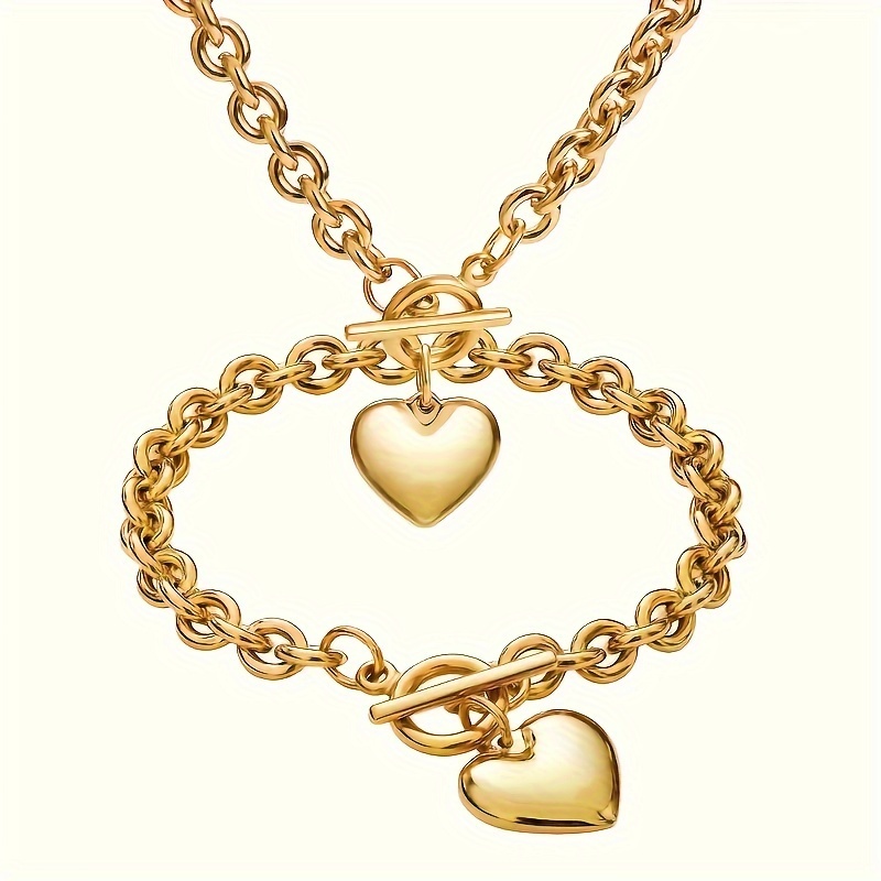 

Elegant Luxury Gold-tone Stainless Steel Heart Pendant Necklace And Bracelet Set, No Mosaic, Versatile Daily & Party Wear, Perfect Valentine's Day Gift