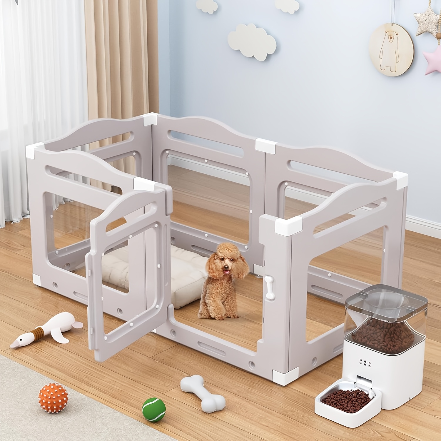 TEMU 5pcs Set   1 Dog Playpen With Door, Acrylic Material, 60 Cm High, Foldable, Household, Pet Fence With Suction Cups, Indoor Puppy Kennel
