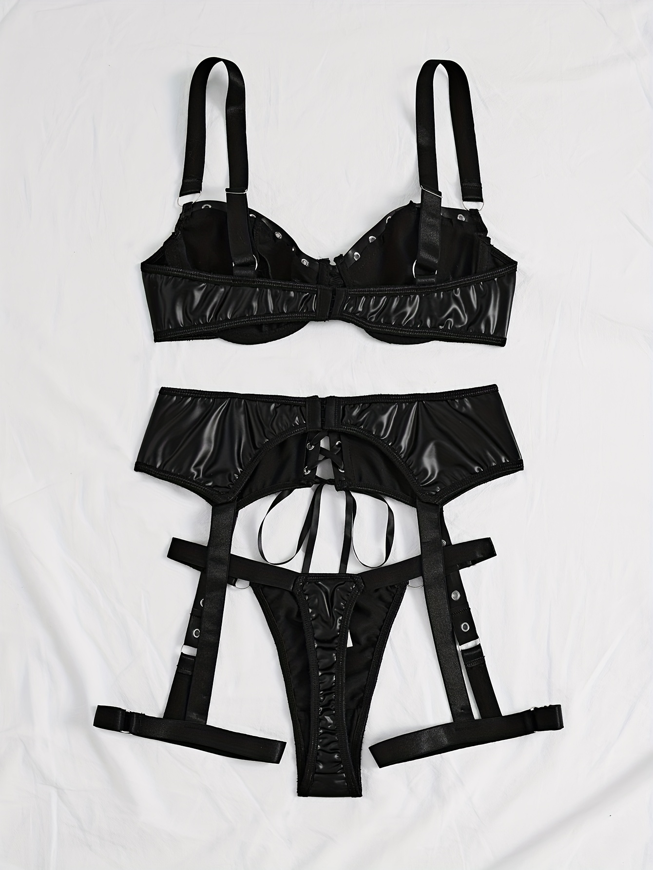 Sexy Black Mesh Panel Corset with Cross Straps and Grommets - Polyester, Stretchy, All-Season Women'S Lingerie Set
