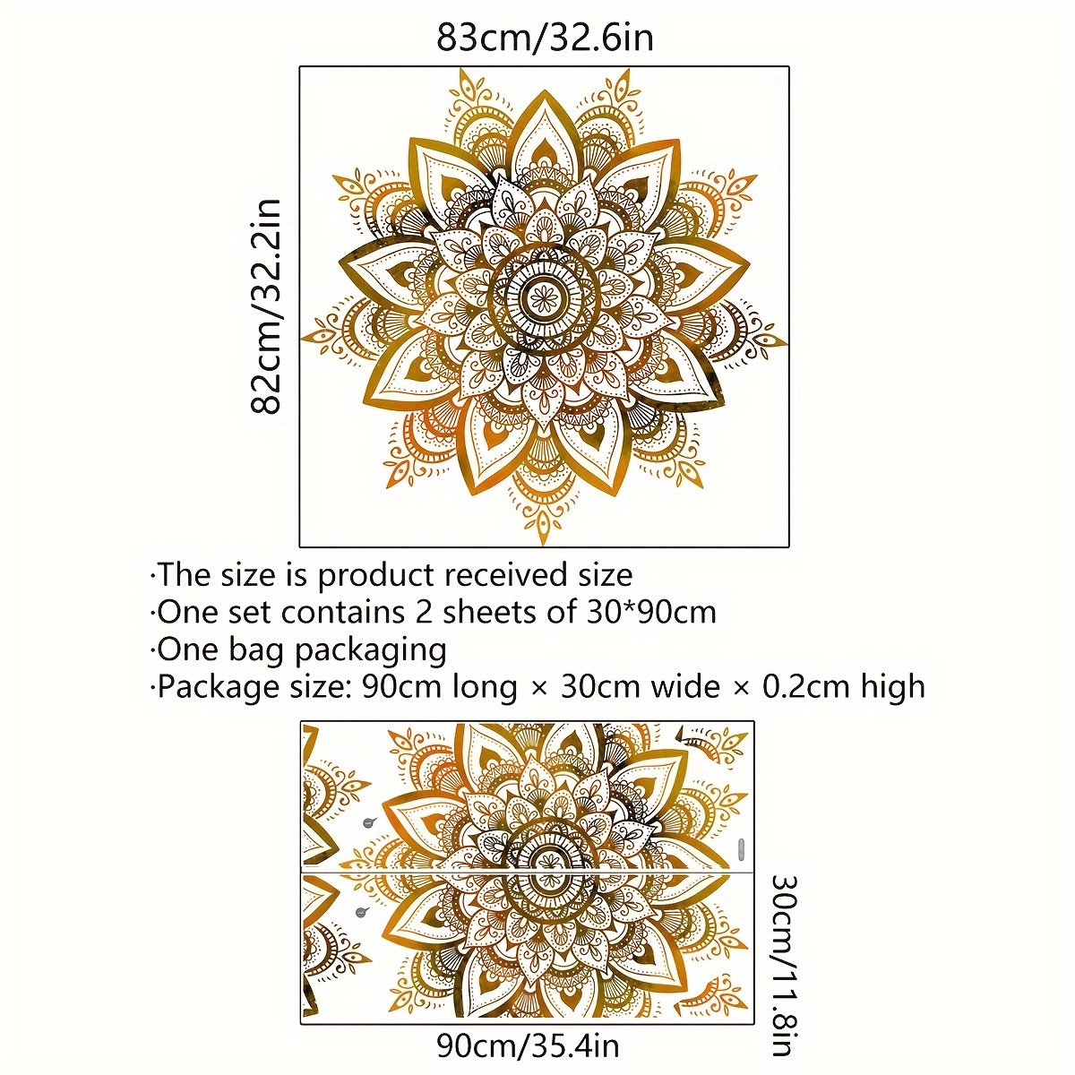 Image of A Set Of 2pcs, 30*90cm*2pcs, Golden For Lotus Mandala Bohemian Style Wall Sticker For Living Room Bedroom Background Home Decoration Wall Sticker Ms4227-zc