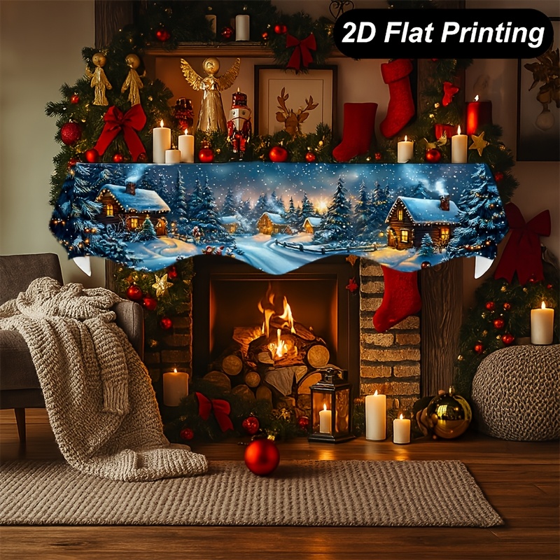 TEMU 1pc 2d Flat Christmas Fireplace Mantel Scarf, Whimsical Village Snow Forest Cottages Trees Fireplace Scarf Cover, 78.7x19.6 Inches, Living Room