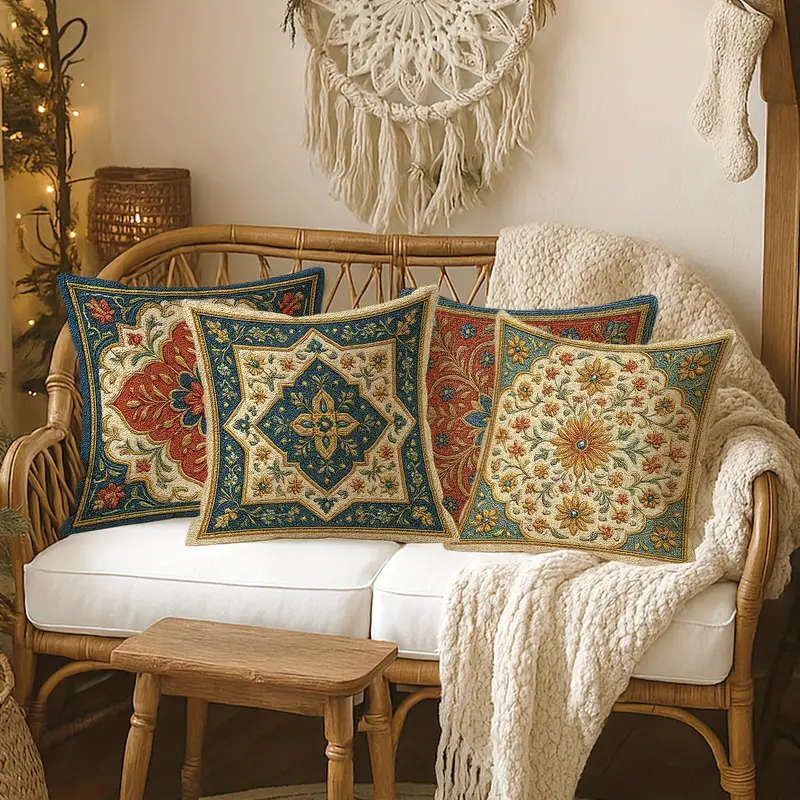 4pcs retro ethnic style throw pillow covers geometric pattern brown green beige soft polyester decorative pillow covers double sided printing with zipper closure machine washable for living room bedroom sofa bed decor no pillow core Product details 2