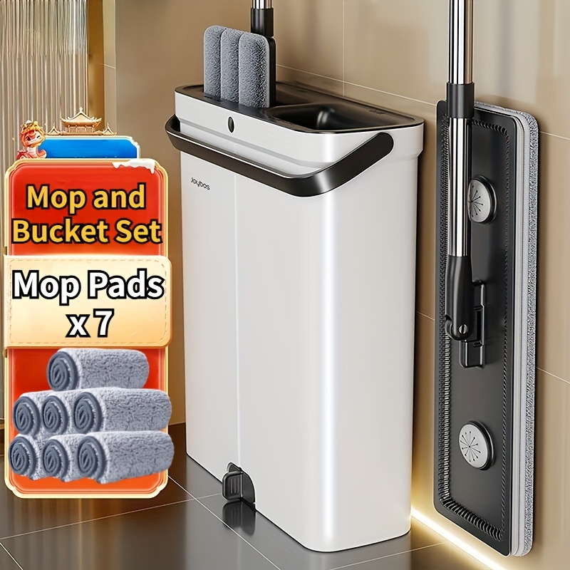 E-shop Leichtes Mopp- und Eimer-Set, flaches Mopp- und Eimer-System, Mopp-Eimer mit Auswringern, freihändiger flacher Mopp, Nass-Trocken-Mopp für