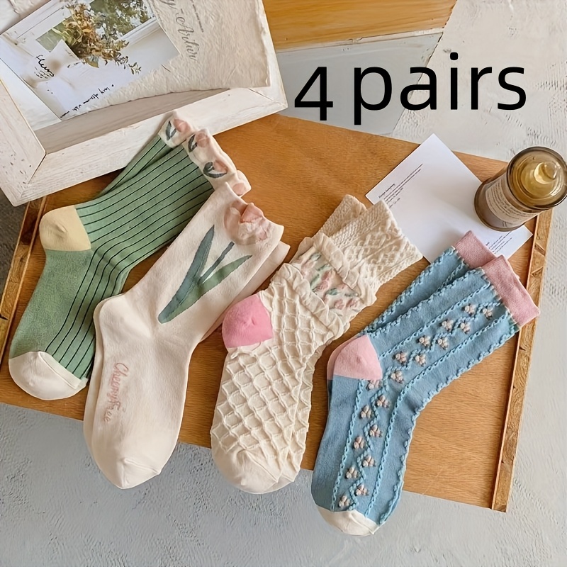 E-shop 4 Paar Damen Socken, geeignet für alle Jahreszeiten, bequem, atmungsaktiv, vielseitig, süß und mit einem frischen Tulpen-Design im japanischen