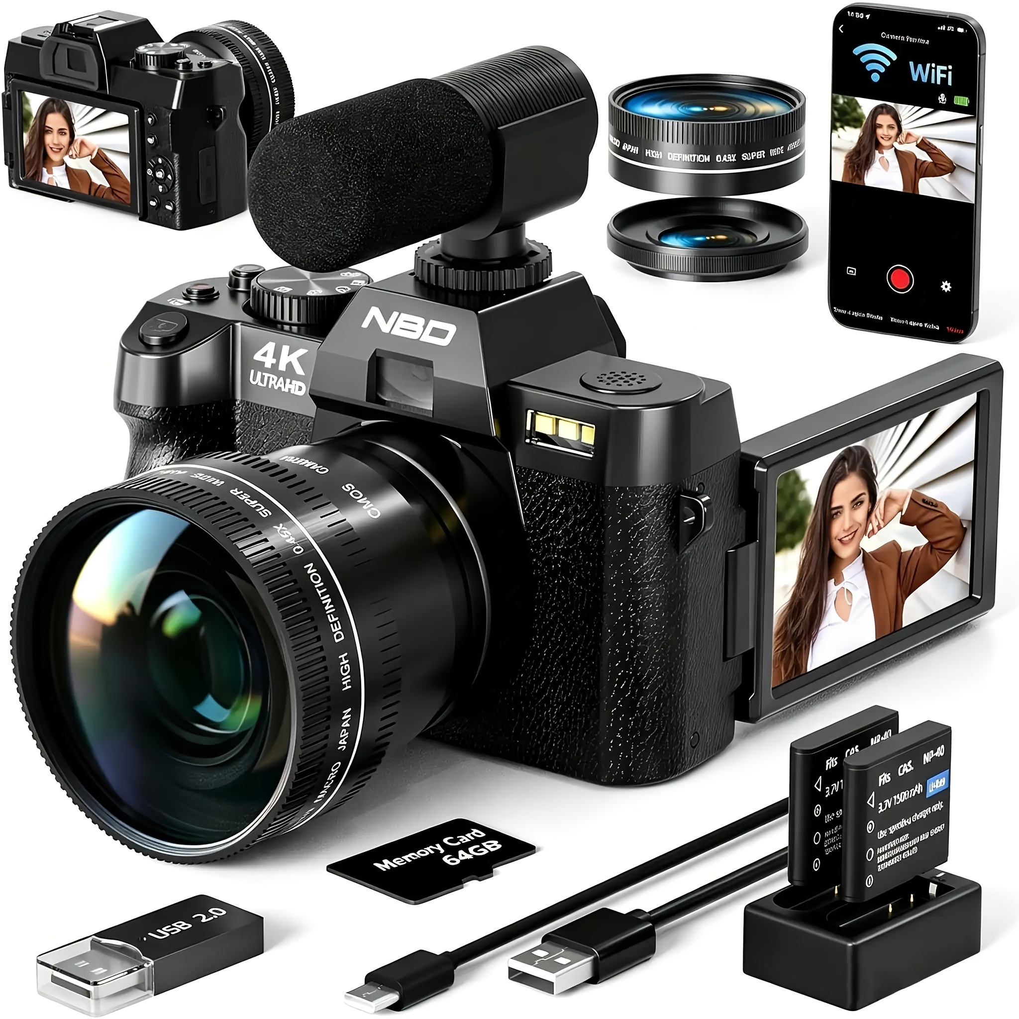 Image of Nbd 48mp Digital Cameras For Photography With Wifi & App Control, 4k Vlogging Camera For Youtube With 16x Zoom, Anti-shake, 32gb Tf Card, Dual Batteries, 52mm Wide Angle & Macro Lens