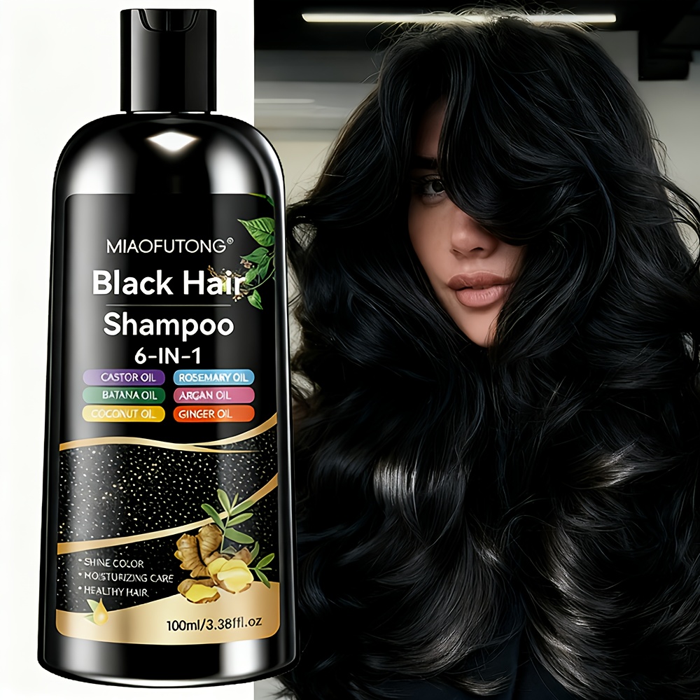 TEMU 6-in-1 Black Hair Dye Shampoo - , Glossy, , Smooth In Minutes | Unisex, Nourishing With Castor, Batana, Coconut, Rosemary, Ginger Oil | ,