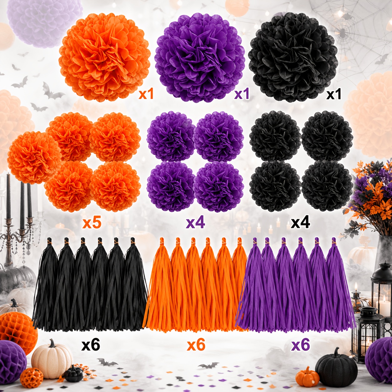 TEMU 34pcs Large Size Halloween Hanging Decorations Artificial Flowers, Including 16pcs Purple Paper Flower Balls And 18pcs Paper Tassels, Suitable