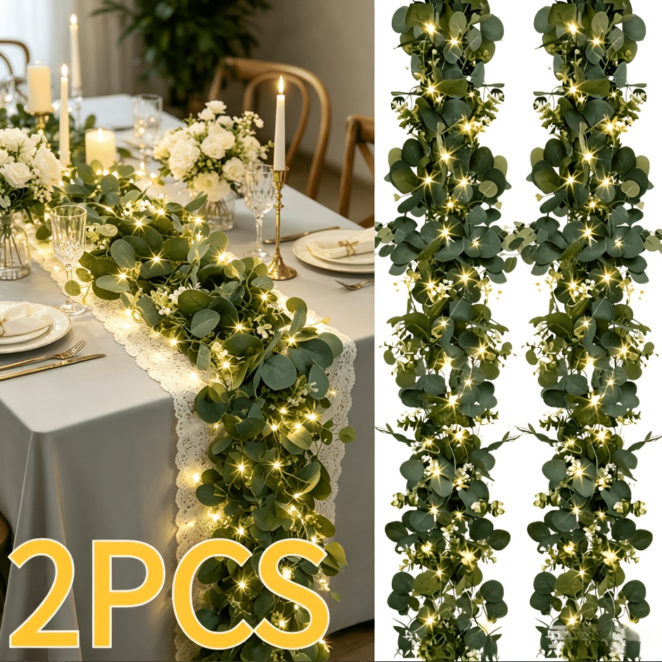 TEMU Lighted Eucalyptus Wreath, 2 Packs 76.77inch/ 195cm Green Flower Wreath Decoration, Artificial Simulated Eucalyptus Leaves Green Vine, Used For