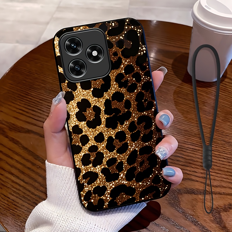 TEMU Phone Case: 2d Flat,2pcs Set: Includes 1 Phone Case + 1 Strap,golden Sparkle Leopard Pattern Phone Case,suitable X5c| X5c Plus,unisex Lanyard