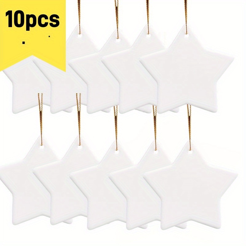 TEMU 10 piezas de adornos navideños de cerámica blanca , estrella de puntas de 3 pulgadas con cuerda dorada para colgar, etiqueta de de cerámica para