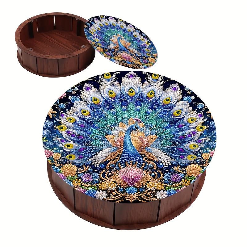 TEMU 1pc Diamond Painting Kit With Beautiful Peacock Opening Tail Feather Pattern Storage Box, Handcrafted Diamond Painting Pattern Storage Box With