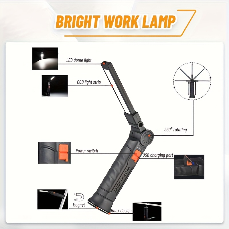 1 or 2pcs   powerful led flashlight usb c rechargeable with magnetic base hook 1 2pcs options portable folding torch for camping home workshop emergencies ideal for professionals everyday use emergency light foldable design textured grip handle workshop lighting handheld flashlight durable construction   light   Product details 5