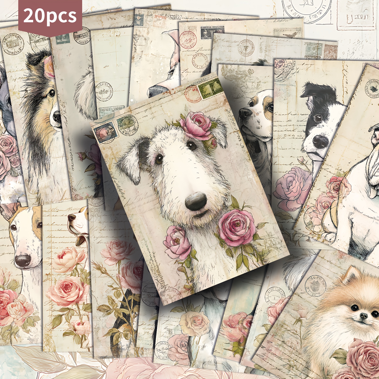 TEMU Set Of 20 Vintage Postcards Featuring Dogs And Flowers, Measuring 4x6 Inches. Ideal For Junk Journals, Classic Pinup Illustrations Serve As