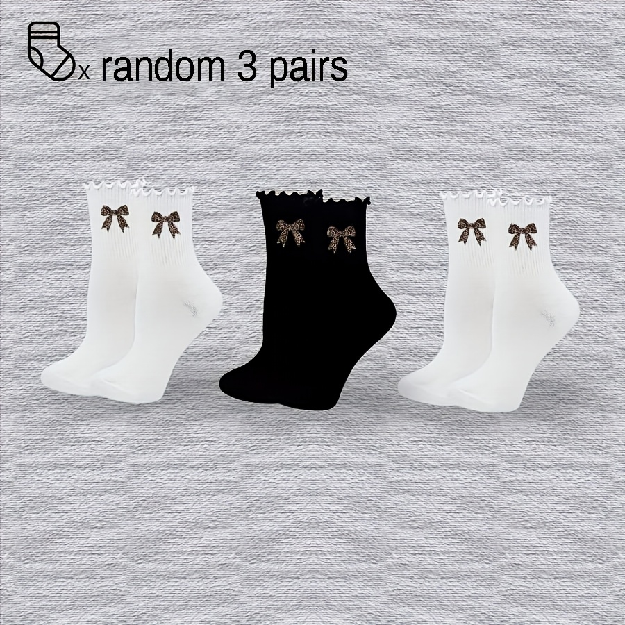 Random 3 Pairs Women White Ruffle Leopard Print And Bowknot Decor Comfortable Easy Jk Style Breathable Mid-calf Socks