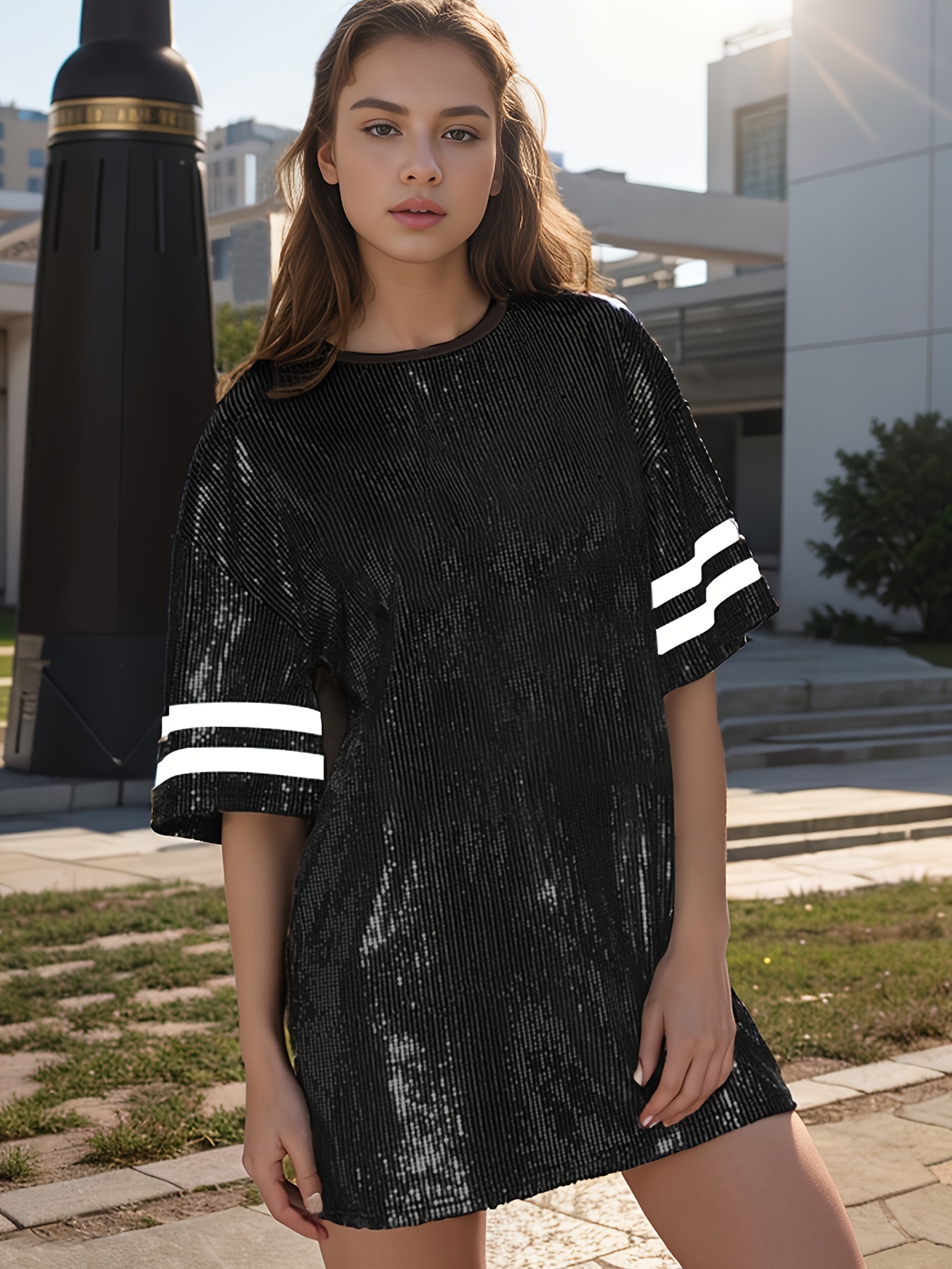 Women Sexy Sequin T-Shirt Dress Football Jersey Dress Casual Party Short  Sleeve Club Night 2024