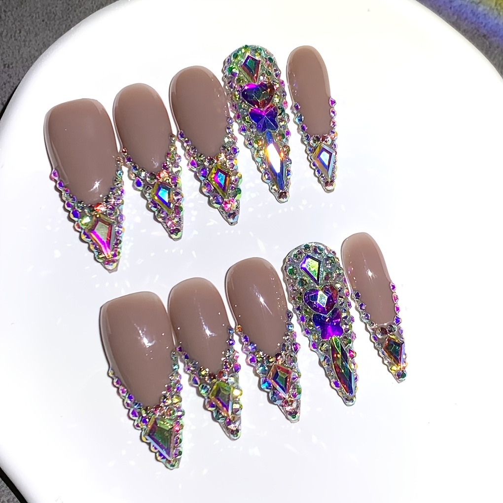 

10pcs Luxe & Teardrop Press-on Nails Set, 1.32inch Long, Ab , Handcrafted, , Love & Diamond Design, Mixed Nude Colors, Party, Wedding, Birthday Gift