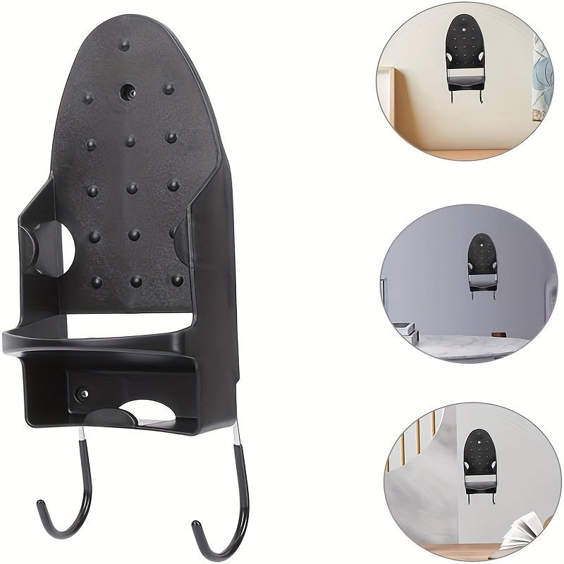 

Contemporary 2-in-1 Ironing Board Hook Wall Rack With Lockable Iron Holder And Removable Hooks - Wall Mount Storage Organizer For Iron And Ironing Board (black)