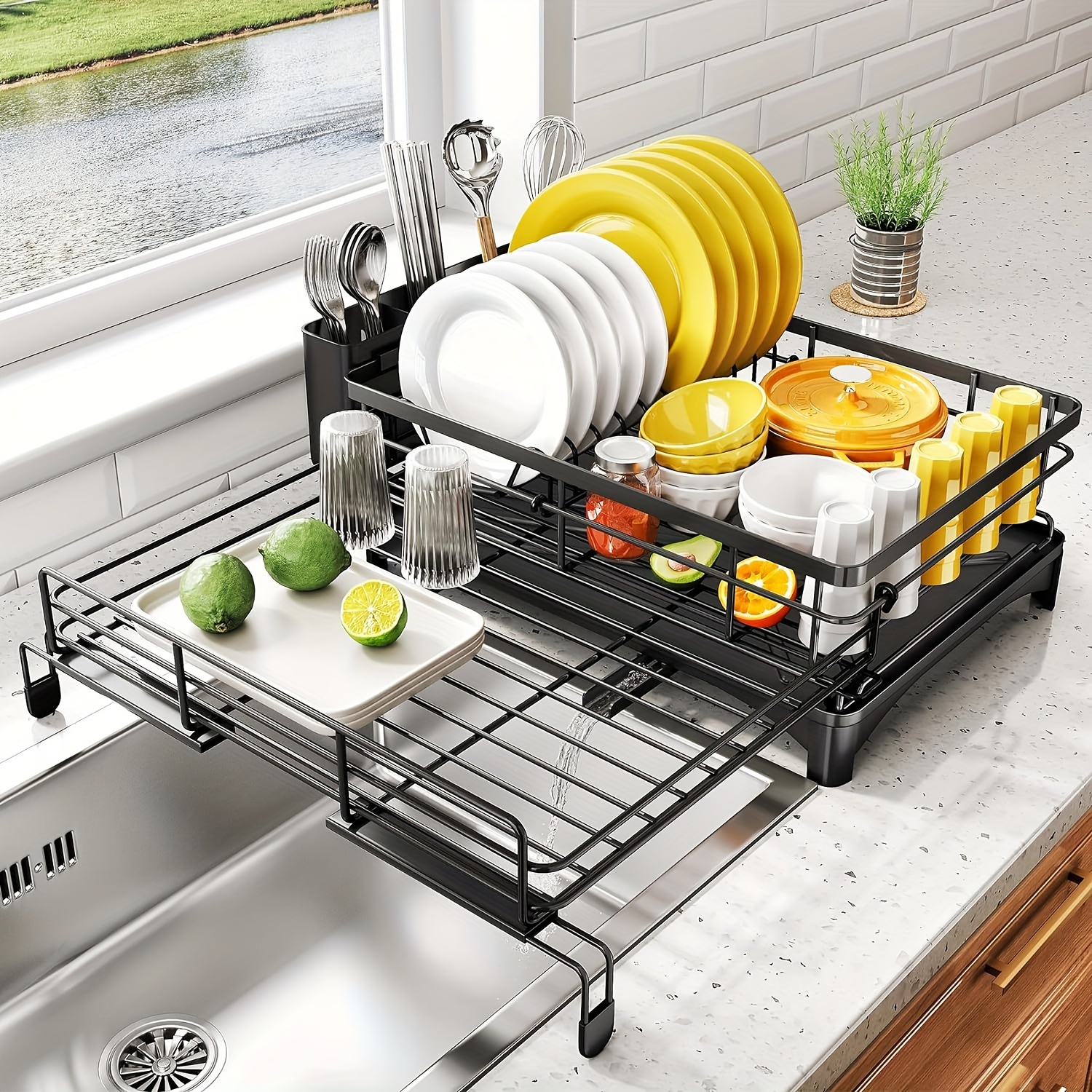 

Dish Drying Rack - Compact, Rust-proof Metal Dish Drainer Featuring Pot Slots, A Two-piece Utensil Holder, And A Draining Plate For Organizing Your Kitchen Counter And Sink.