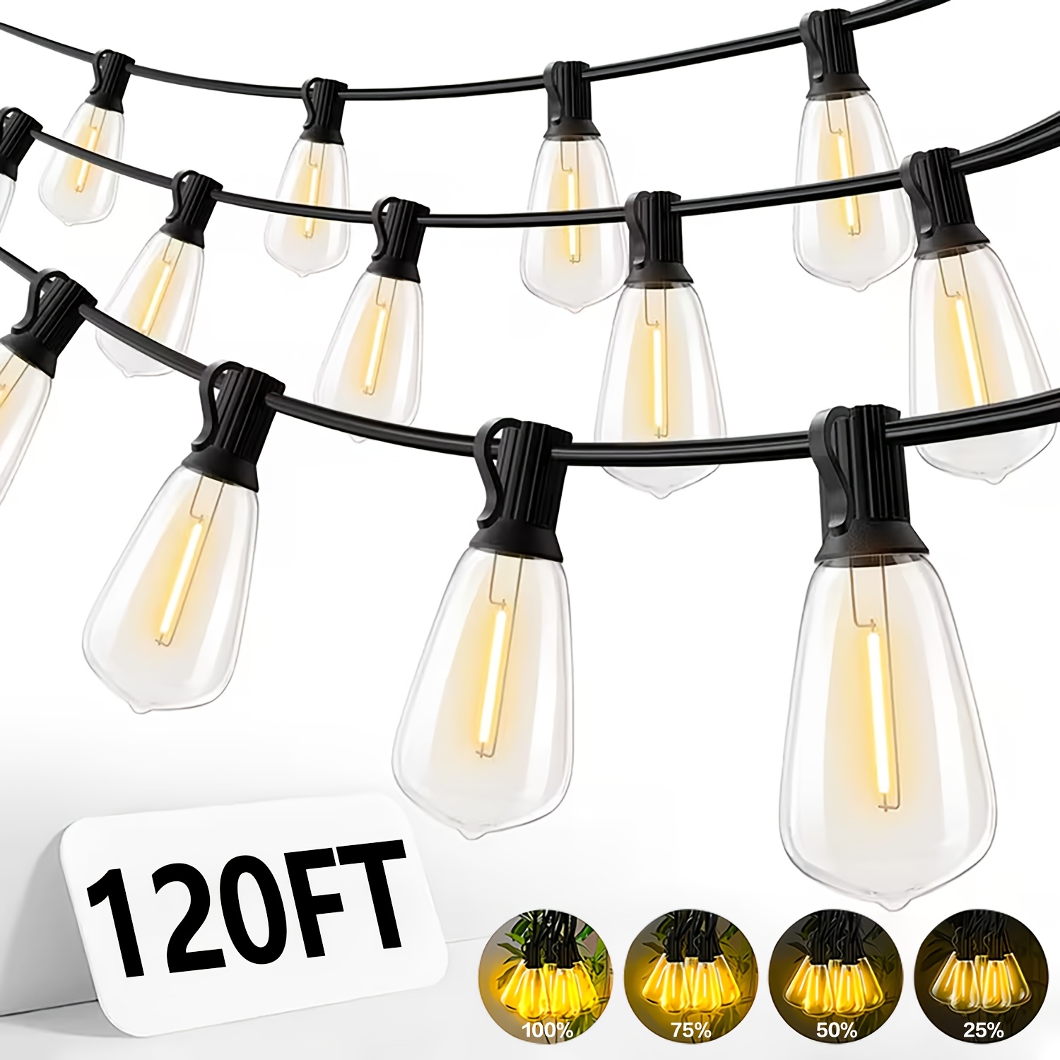 IP44 Dimmable Warm White LED Outdoor String Lights with Shatter-Resistant ST38 Bulbs, Multiple Lengths 50 to 200 ft