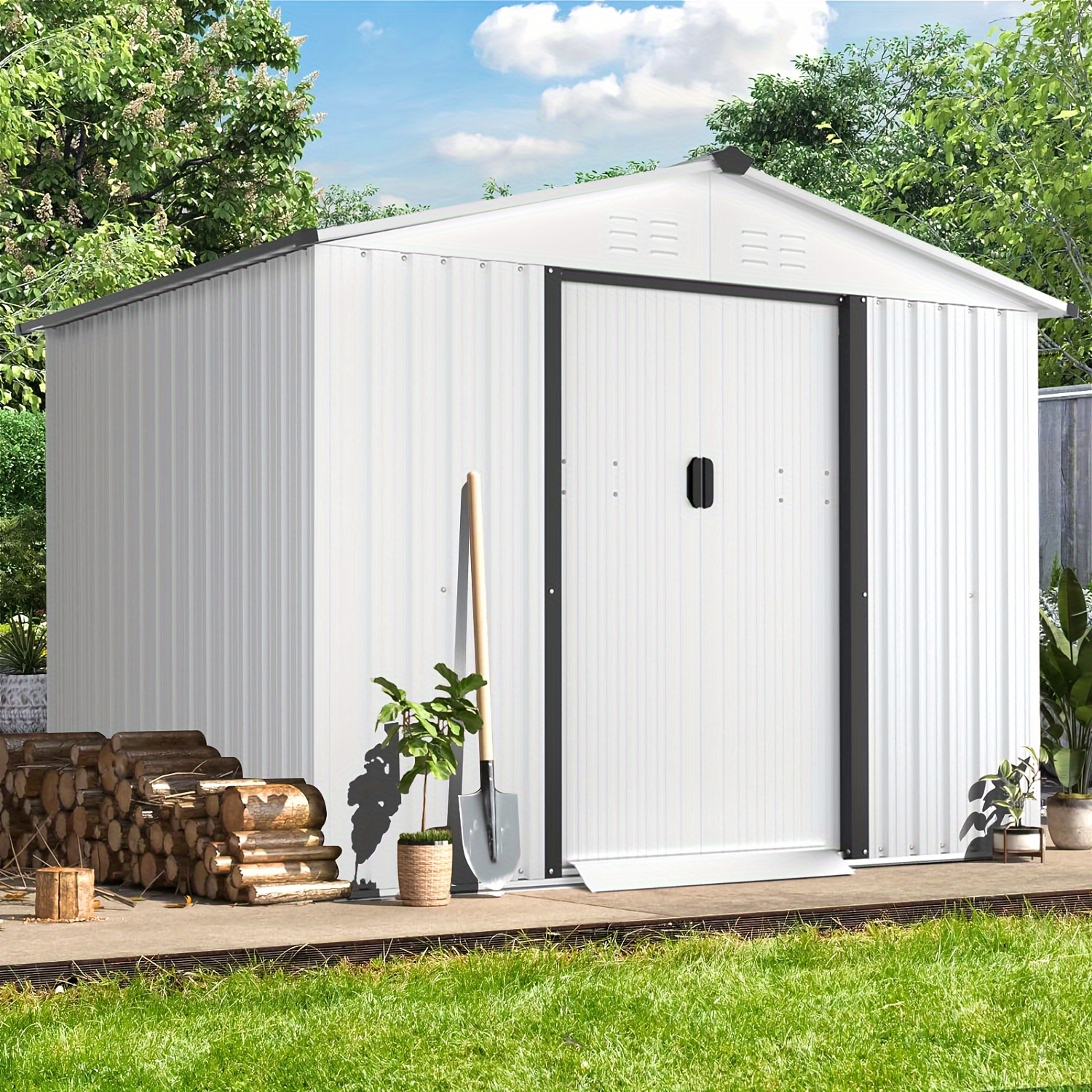 

8x6 Ft Spacious Waterproof Metal Storage Shed, Sliding Door, Lawn Equipment Organizer, Garden, Backyard Storage Solution, Durable, Rust-resistant, And Easy To Assemble, Gray, White