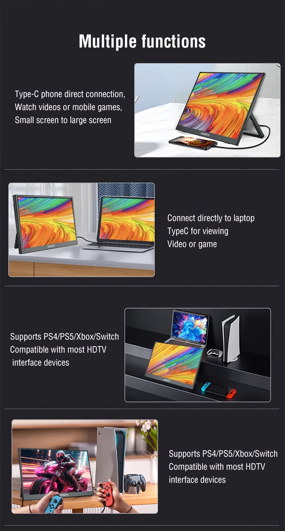 Monitor Portátil Anmite de 16 Pulgadas con Luz Azul Baja, 350 Nits, HDR 1200P, Relación 16:10, Ideal para Xbox/Ps5/Switch/Teléfonos Móviles/Computadoras/Laptops para Expansión