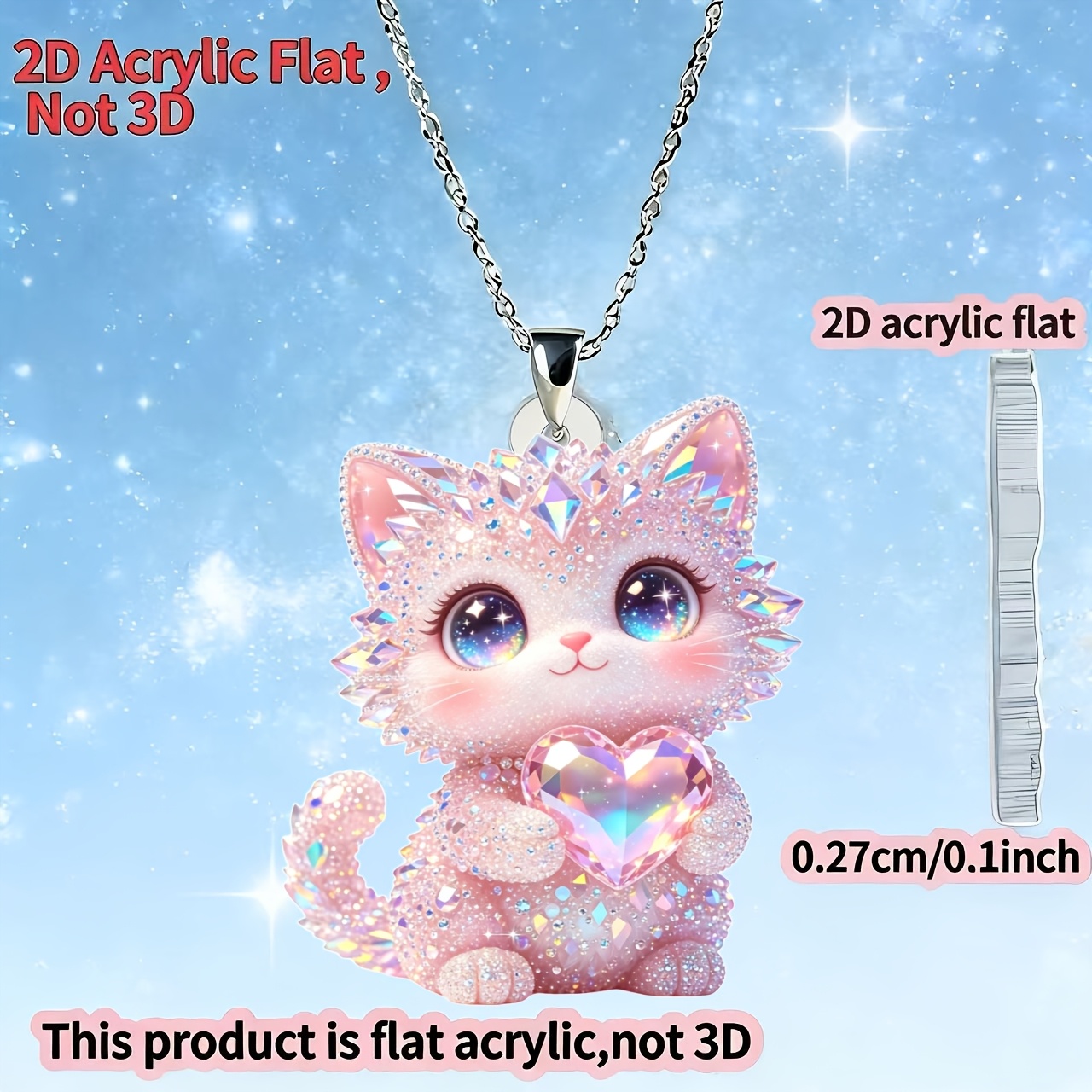 TEMU 2D Plat - [2D Plat] 1pc, Collier pour femme avec chaton et cœur en acrylique 2D, Pendentif tendresse, Chaîne de pull tendance, Cadeau idéal pour