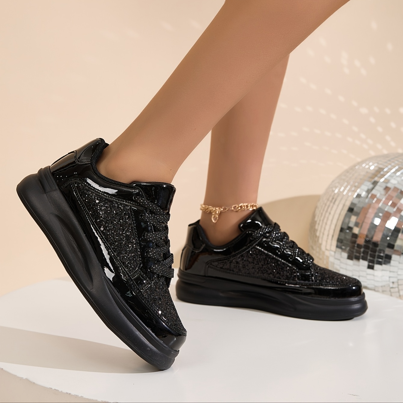 TEMU Women's Casual Shoes With Glitter Accents - Lightweight, Lace-up Low-top Sneakers, Comfortable Eva Sole, Stylish Flat Athletic Footwear, , Shoes