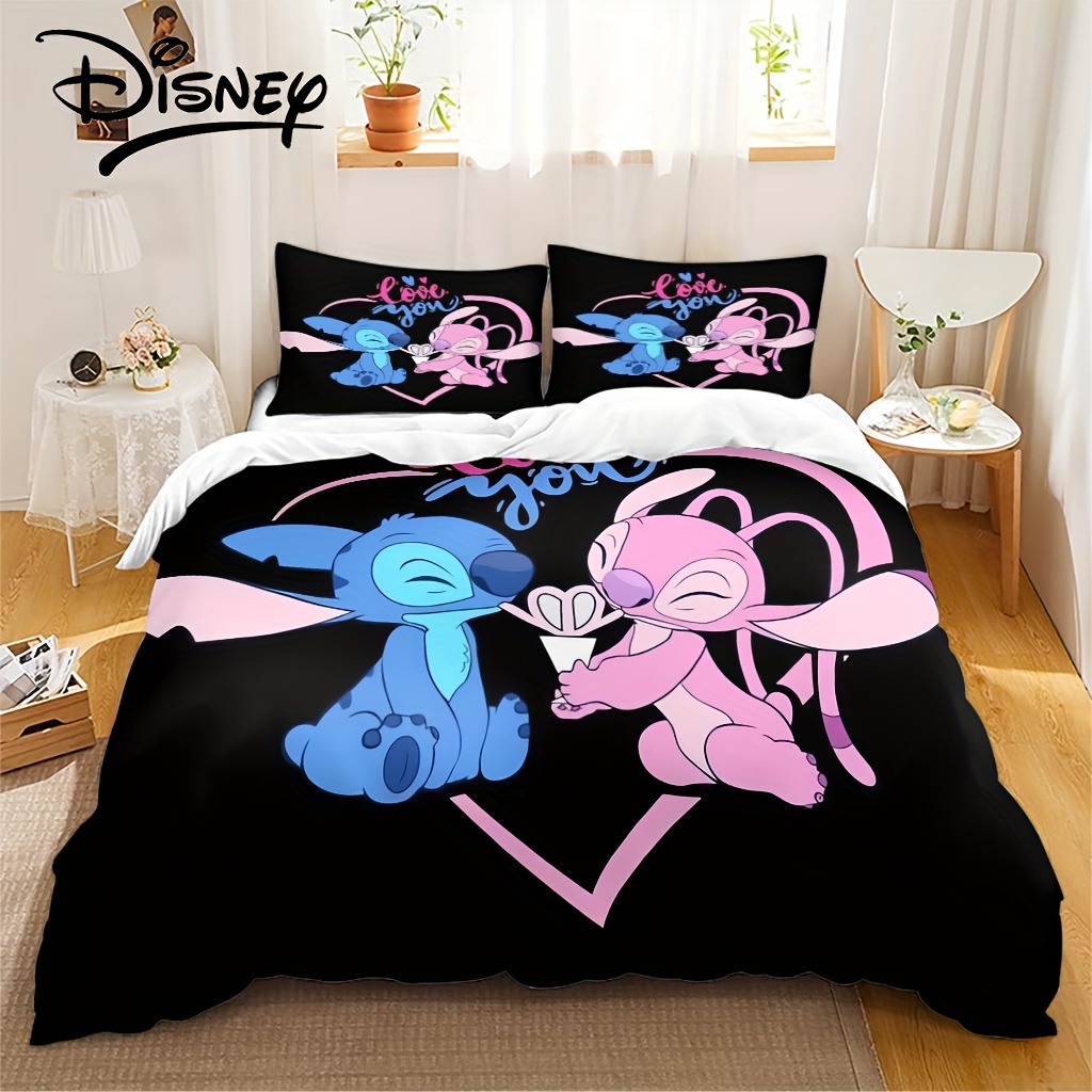 

3pcs Disney Stitch & Bedding Set - 100% Polyester Quilt Cover & 2 Pillowcases, Cartoon , Zip Closure, Machine Washable - Ideal For All Room Decor, Stitch Bedroom Decor