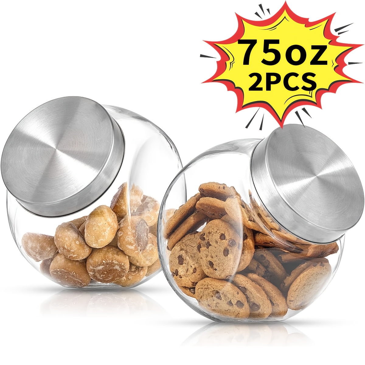 This 2pcs Glass Cookie Jar Set With Lids Has A Large Capacity Of 75 Ounces, Making It Ideal For Kitchen Countertops. Used As A Candy Jar, Pet Treat Container, Laundry Detergent Storage Jar