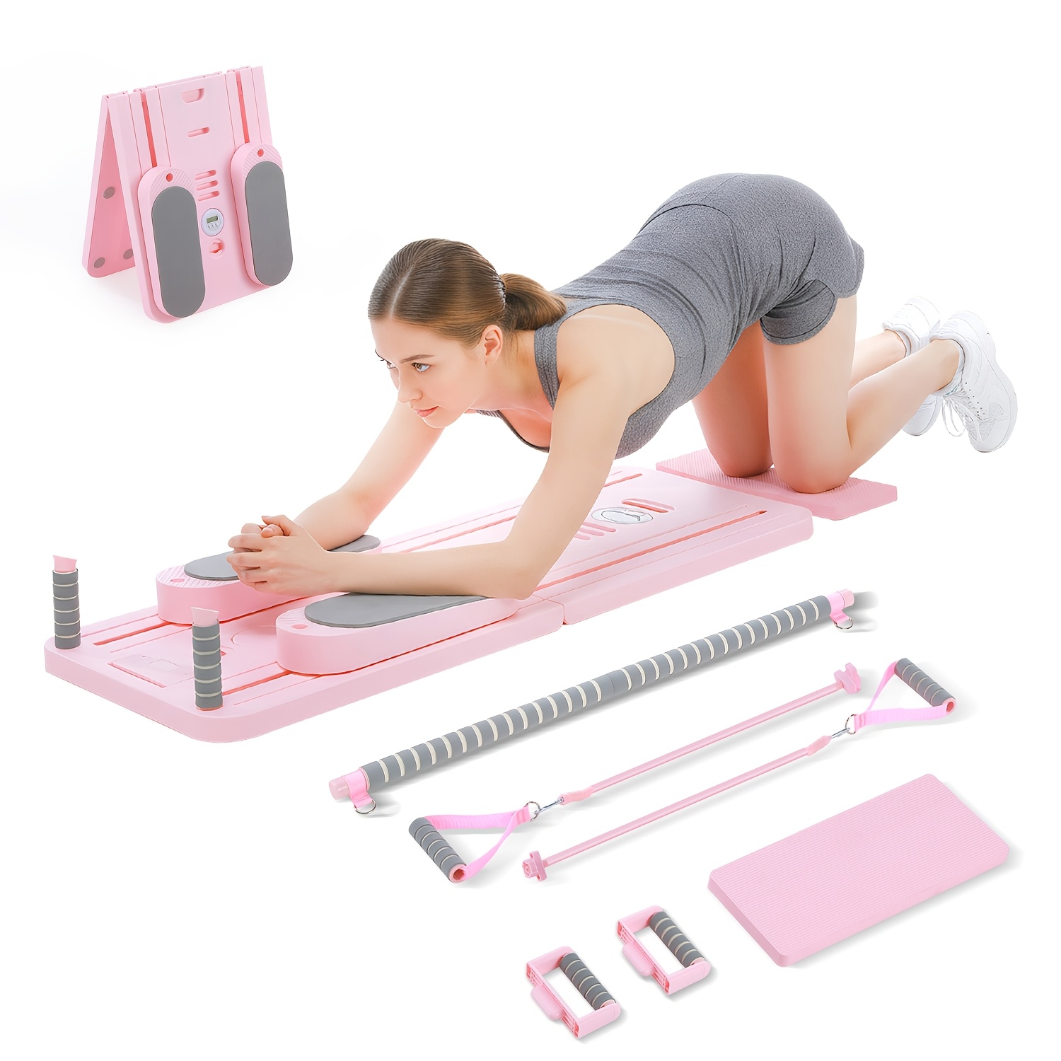 Image of Foldable Pilates Board Reformer With Resistance Bands Home Workout Equipment With Bar, Push-up Handles & Yoga Pad For Full