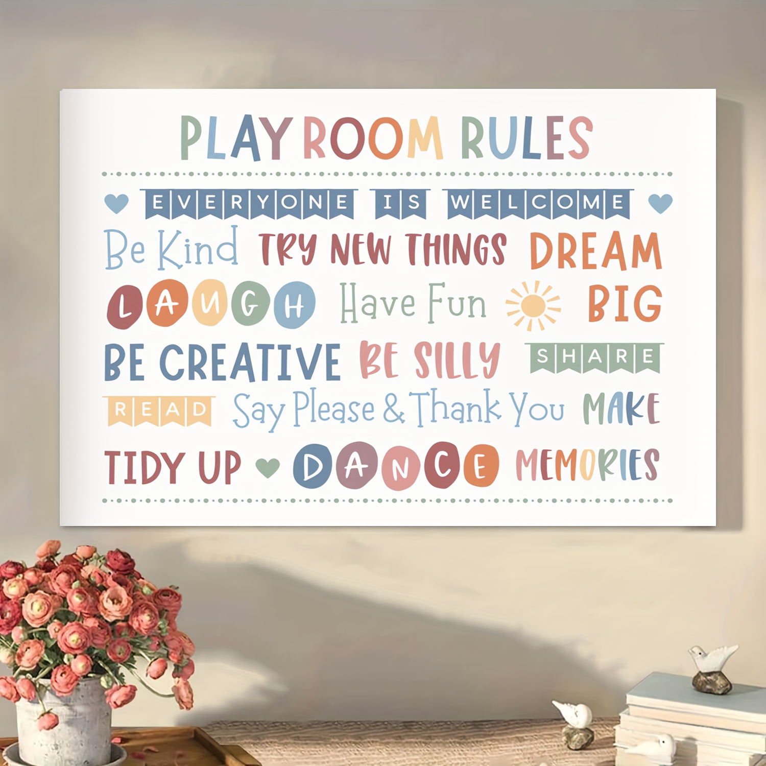 

Vintage Style Family-themed Canvas Wall Art - Play Room Rules Decorative Sign With Wooden Frame, English Playroom Etiquette Wall Hanging For Bedroom, Ready To Hang - 1pc