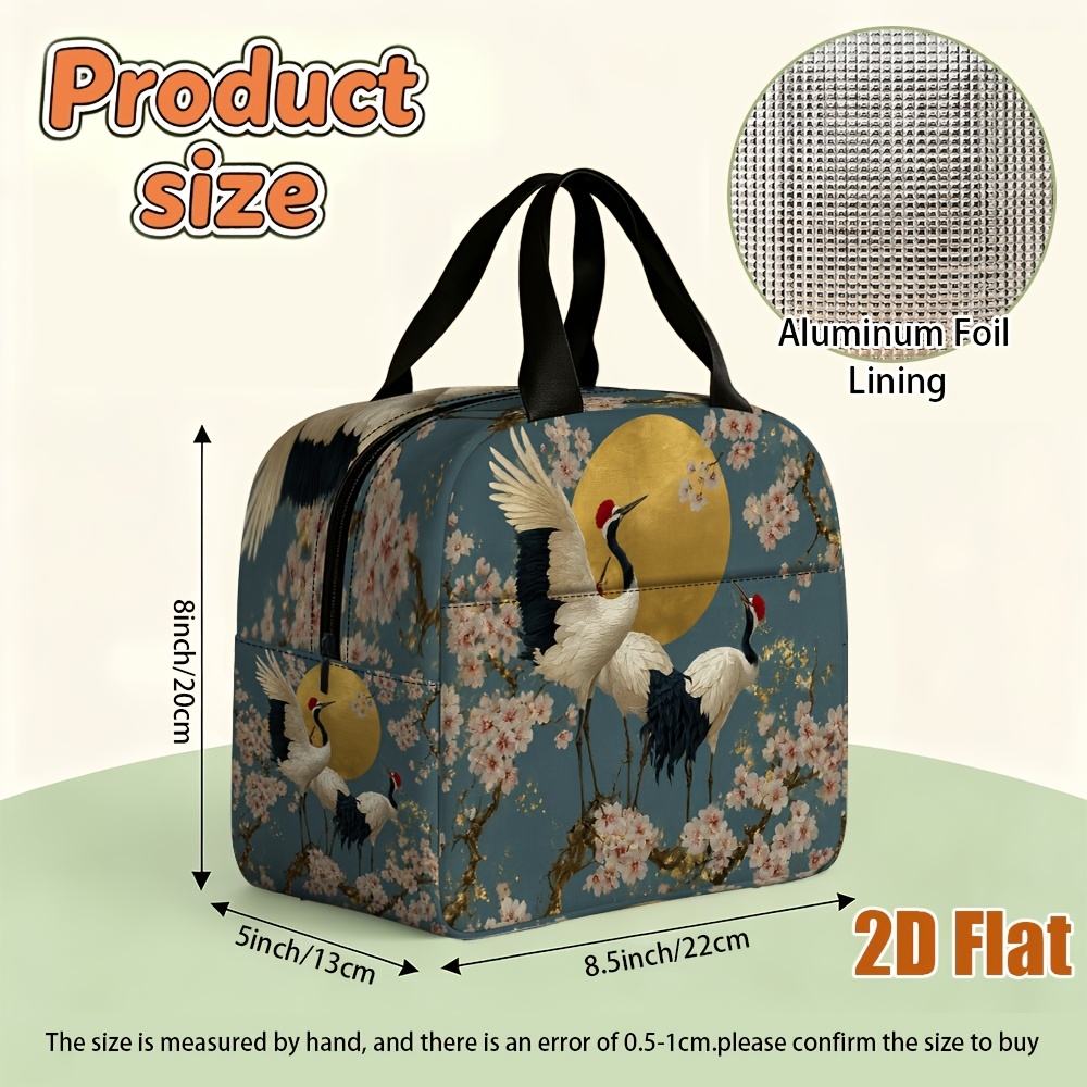 TEMU Sac à lunch plat 2D 1 pièce contact alimentaire, motif grue japonaise et fleurs, garde les boissons chaudes ou froides, poche , cadeaux de