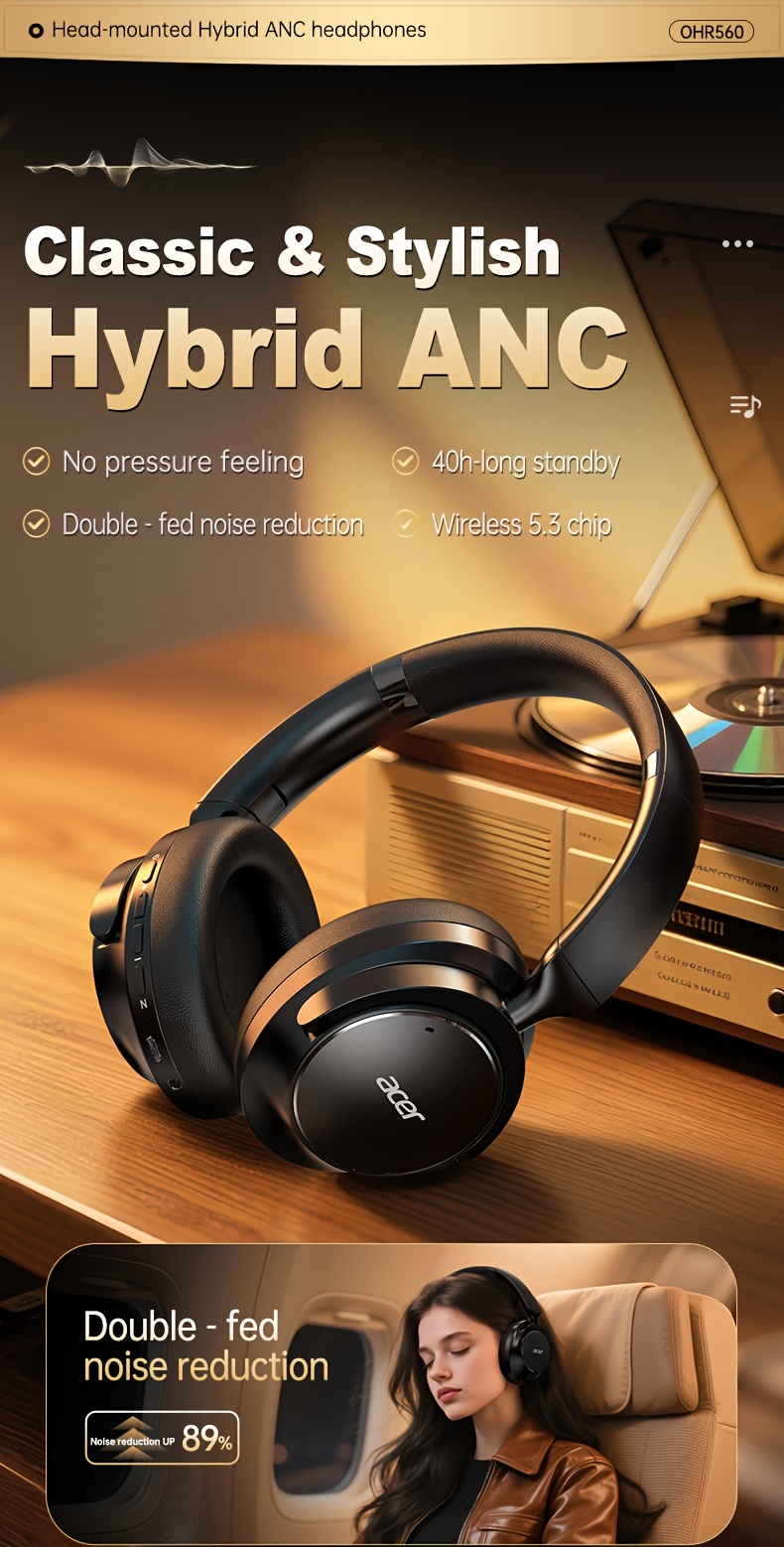 Casque sans fil Acer Ohr560 | Circum-aural avec suppression du bruit ANC, conception d'oreille à couverture complète, pliable, microphone à condensateur intégré, son stéréo Hi-Fi, réduction du bruit des appels HD ENC, compatible avec câble audio 3,5 mm, chargement USB