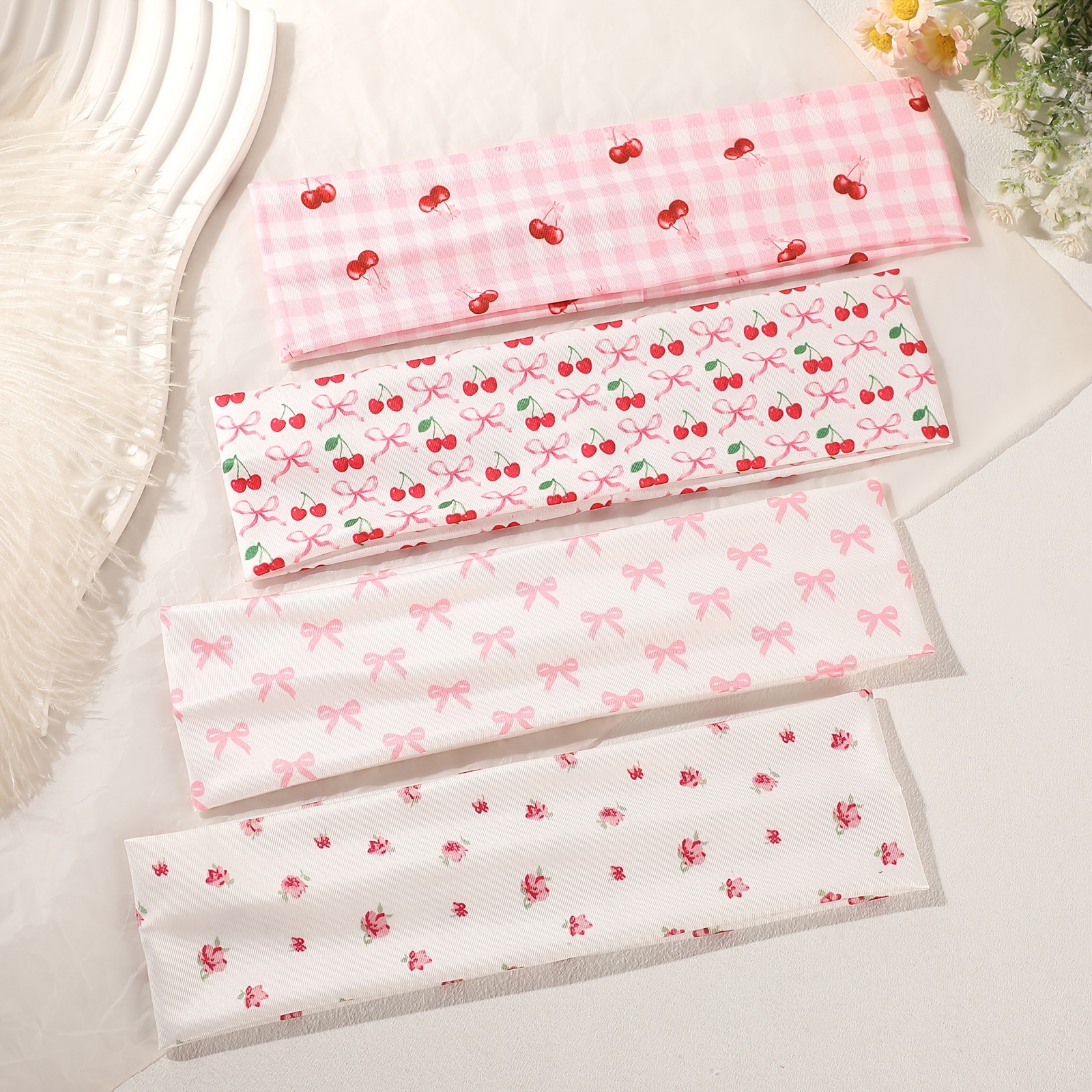 TEMU 4pcs Sweet Cherry Bow Print Headband Women's Face Washing Sports Sweat-absorbing Headband Daily Commute Hairband Elastic Wide-brimmed Hairband
