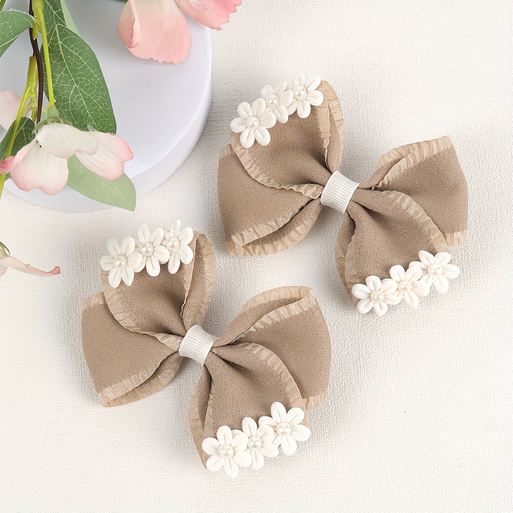 Image of 2pcs Khaki Bow Hair Clips For Women Flower With Decor Elegant Vintage Bow Hair Clips Women Hair Accessories For Up For Gifts
