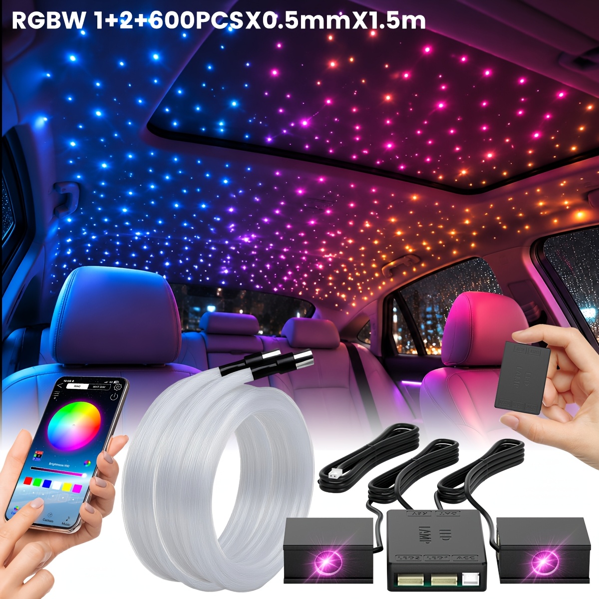 TEMU Kit de plafonnier étoilé VASTFIRE 16W - optiques RGBW pour voiture avec 2 têtes lumineuses, moteur 16W facile à , avec mode musique, câblage