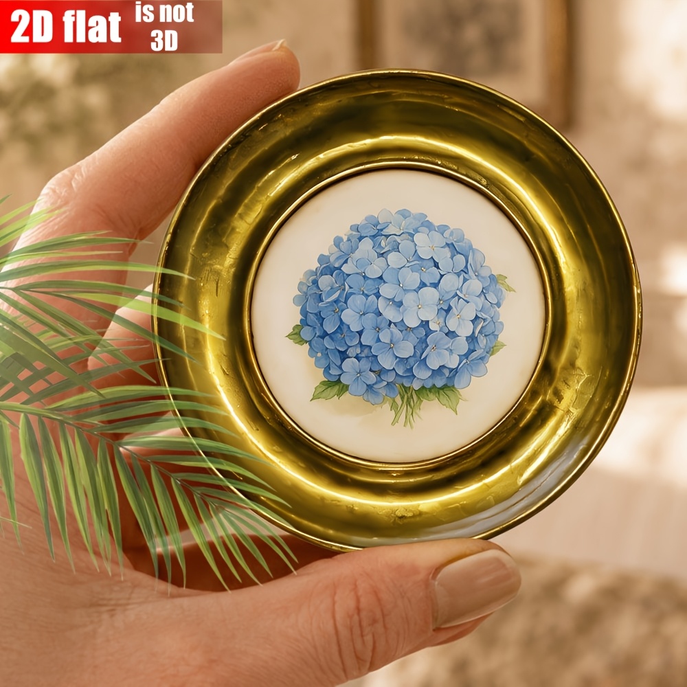 TEMU 2d Flat Wooden Round Sign Blue Hydrangea Hand-painted Plant Illustration Beige Distressed Base Small Photo Frame Creative Decoration Study