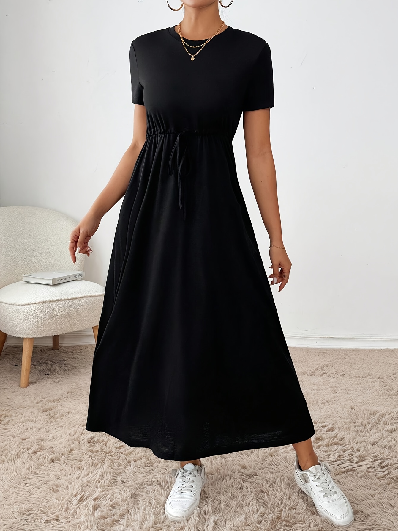 black drawstring waist side pocket midi dress back uniform - Temu