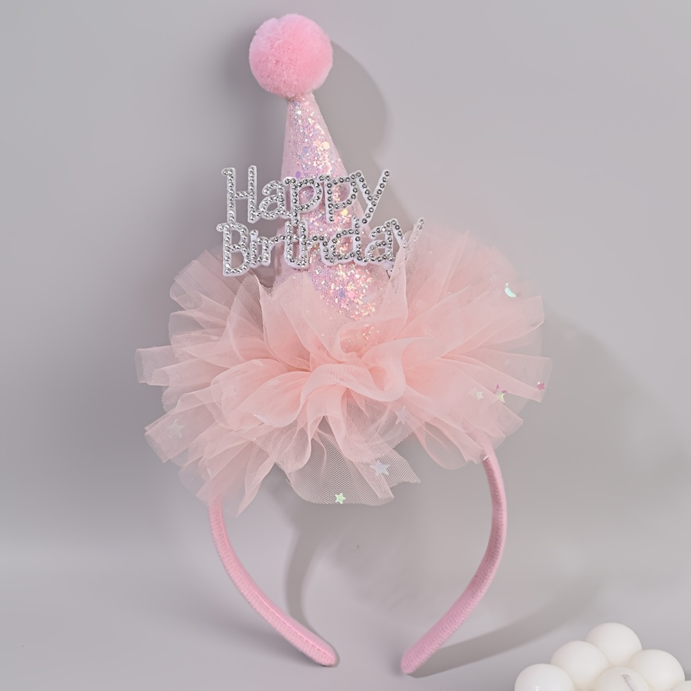 Image of 1pc Birthday Holiday Gift Hat Headband, Bling Glitter Happy Birthday Rhinestone Tulle Pom Pom Hair Hoop Shiny Party Photo Prop Decor Accessory Halloween Christmas Halloween Christmas