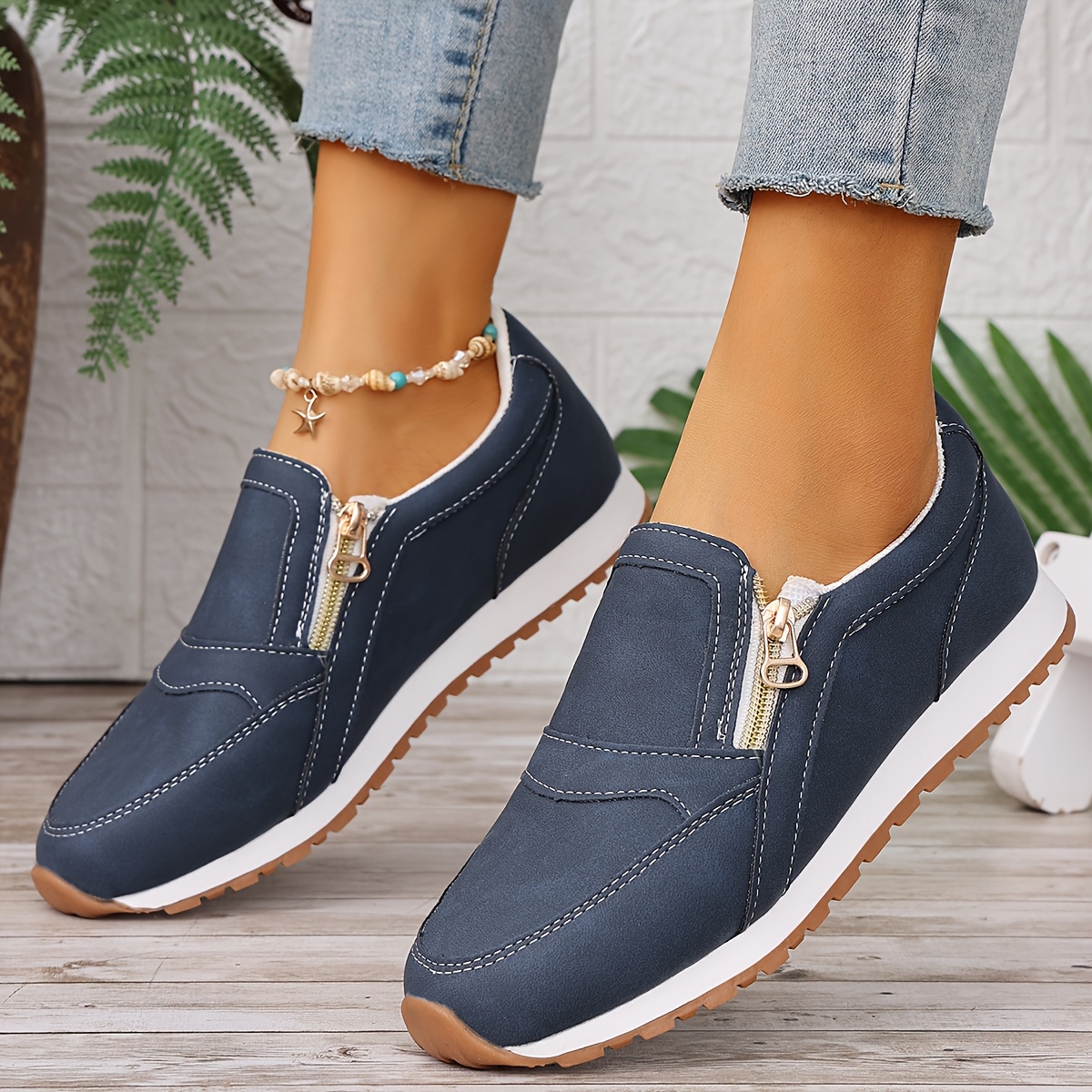 166-23 Navy Blue Women'S Casual Sports Shoes, Suitable for Use During 11 Different Holidays, Comfortable Flat Casual Sneakers for Women, Featuring Double Zipper Closure, Breathable Fabric Upper, Available in Navy Blue And Pink, Round Toe, TPR Sole