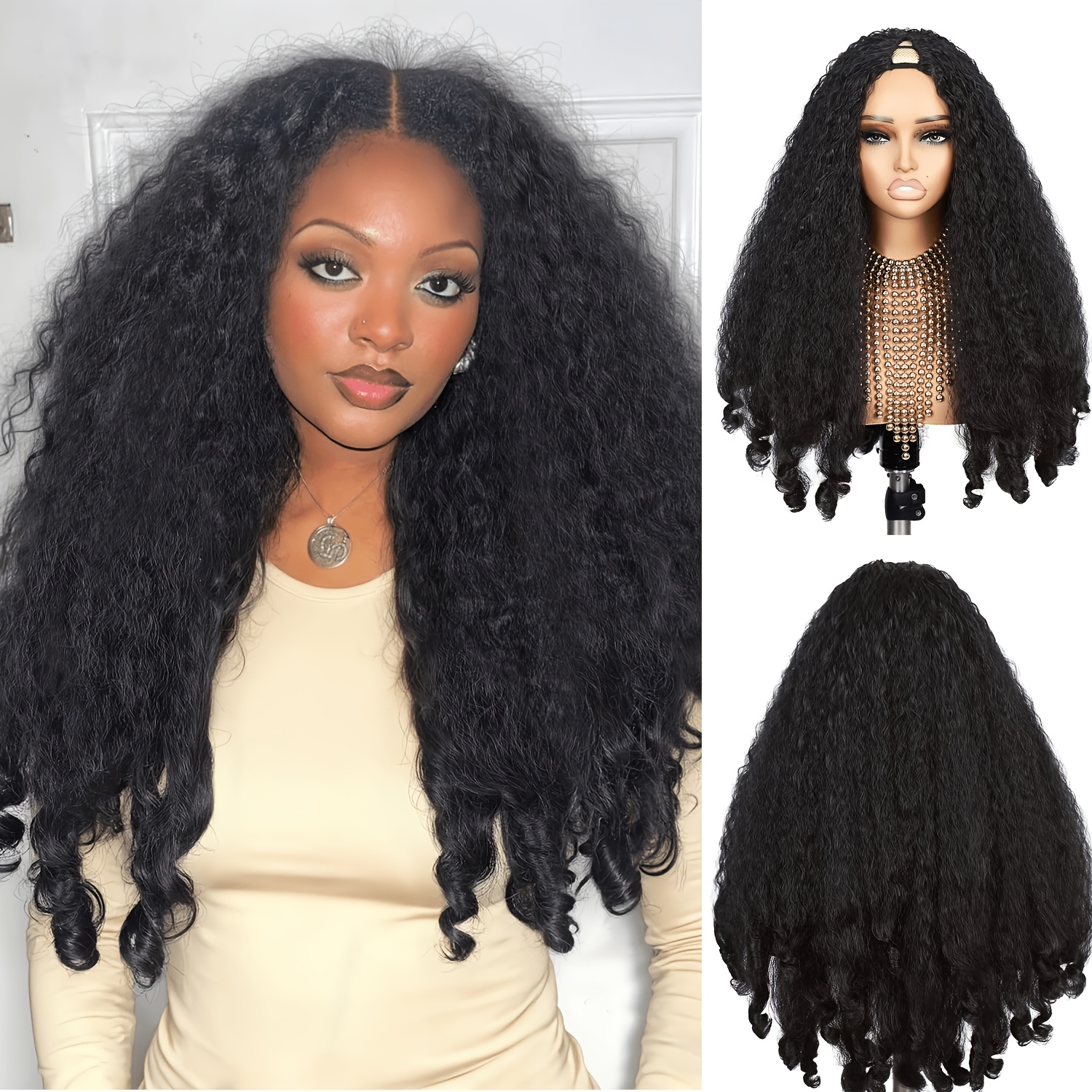 TEMU perruque Afro bouclée avec queue de cheval, cheveux tressés synthétiques avec des boucles rebondissantes uniques à l'extrémité, 24 pouces,