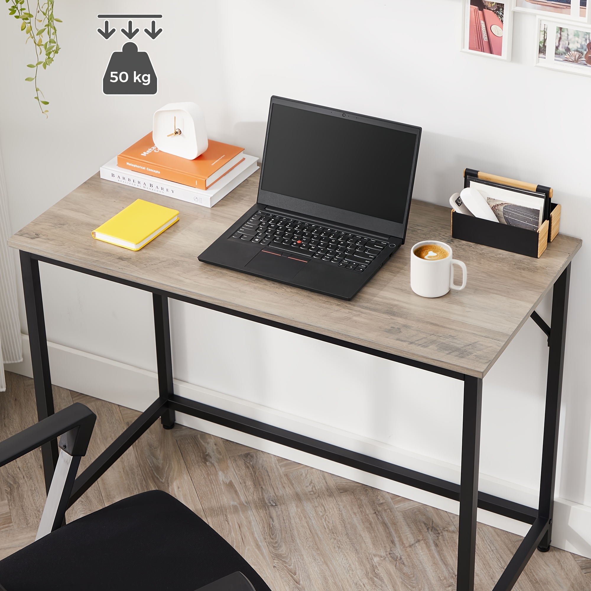 TEMU Compact 100x50x75cm Office Desk Table - Modern Minimalist Metal , Easy Assembly, Solid Wood Base, No Power Needed For Home Office, Living Room,